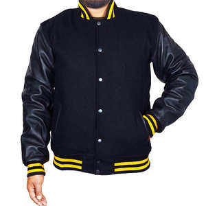 Veste universitaire personnalisée pour homme en laine noire avec manches en simili cuir, veste bomber de baseball à rayures jaunes pour la vente en gros - Product Image 3