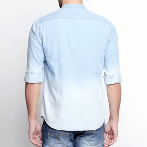 Chemise en jean professionnelle à col mandarin, délavage clair, manches longues, boutonnée, avec col à bande, décontractée pour homme - Product Image 3