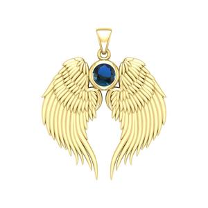 Sapphire Quartz Guardian Angel Wing Birthstone Pendant Gold Plated with Round Crystal 3 cm Charm <b>Necklace</b> Birthstone Jewelry - Product Image 1