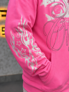 เสื้อฮู้ดซิปสีชมพูปักลายดีไซน์ใหม่ REXFIT SPORTS สำหรับผู้ชาย ทรงโอเวอร์ไซส์ สไตล์สตรีทแวร์ ผ้าฟลีซ พิมพ์ลายกลิตเตอร์ โลโก้ด้านหน้า แขนเสื้อแบบปกติ - Product Image 4