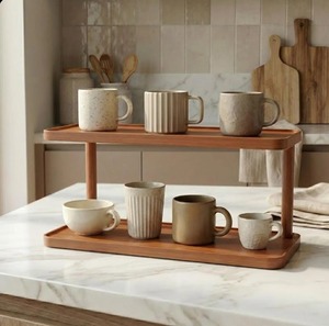 Wooden <b>2</b> Tier <b>Kitchen</b> Display Organizer <b>For</b> Cups Pantry Organization Premium Look <b>Kitchen</b> Storage Rack Tabletop Stand From India - Product Image 4