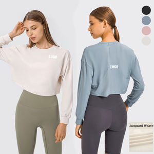 Brown Long Sleeve <b>Crop</b> <b>Top</b> O-Neck Knitted Solid Color Casual Women's Shirt - Product Image 2