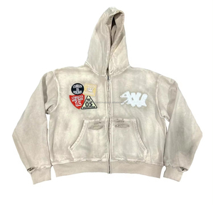 Sudadera con capucha con cremallera y lavado con ácido térmico pesado desgastado recortado ropa de calle personalizada de alta calidad - Product Image 3