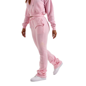 Custom <b>Stacked</b> Leg High Waist Drawstring Sweatpants for Women Casual Flat Front Style Loose Oversized Flared Cotton Pants Plain - Product Image 2