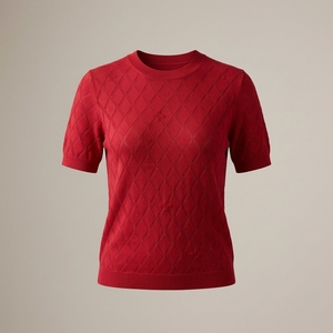 เสื้อถักลายเพชรสีแดงเชอร์รี่แบบลำลอง (P8T26206) เสื้อคาร์ดิแกนแจ็คการ์ดน้ำหนักเบาพร้อมกระดุมตกแต่งลายพิมพ์ เสื้อคลุมไหล่สำหรับฤดูร้อน - Product Image 2