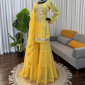 High Demand <b>Top</b> Sharara Crafted Classy Tones Premium Faux Georgette Fabric Detailing Refined Modern Wedding Diwali <b>Festivity</b> - Product Image 1