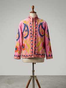 <b>Women</b> Pink Floral Embroidered Reversible <b>Velvet</b> Bomber <b>Jacket</b> Indian Ethnic Kantha Style Winter Wear Wholesale Clothing 100% - Product Image 3