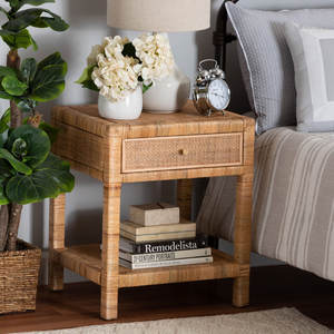 1-Drawer Boho Bedroom Storage <b>Nightstand</b> in Natural Brown Rattan and Solid Wood with Elegant <b>Nightstand</b> Design - Product Image 2