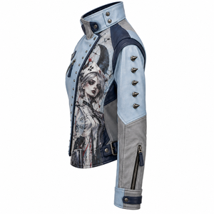 Chaqueta de cuero azul claro para mujer, estilo gótico, con estampado de enfermera, con tachuelas, cremallera asimétrica, cuello alto, oferta de fabricante a medida - Product Image 4