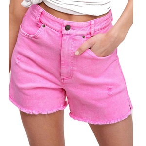 Shorts de Mezclilla Rosa Claro de Cintura Alta con Dobladillo Deshilachado y Diseño Recortado, Resistentes al Viento, de Secado Rápido, con Bolsillos, para Mujer, Ropa Casual de Verano - Product Image 1