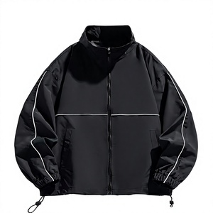 Men's Black Bomber Jacket Striped Canvas Single Button Closure Stand Collar Casual Windproof Polyester Winter Wear OEM Service - Product Image 1