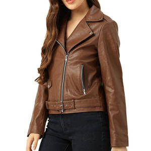 Chaqueta de Motociclista de Cuero Genuino para Mujer, con Cinturón, Cuello Solapa, Cremallera Asimétrica, Marrón, Ecológica, Cortavientos, Abrigo de Invierno - Product Image 4