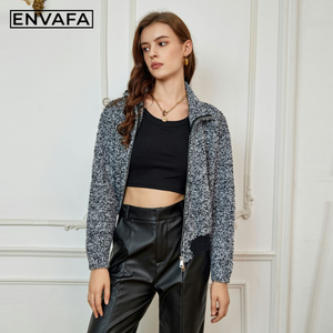 Women Crocheted Oblique Zipper High Neck <b>Cardigan</b> <b>Sweater</b> Knitwear Short Stand Collar Casual Soft Breathable 100% Polyester - Product Image 4