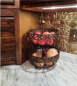 Luxury 2 Tier Metal Fruit <b>Basket</b> <b>Stand</b> Decorative Countertop Fruit Holder Vintage Scrollwork Design Kitchen Dining Organizer - Product Image 6