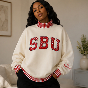 Sweat-shirt en molleton épais de haute qualité, personnalisé avec texte brodé, col à motif écossais contrastant rouge vif - Product Image 2