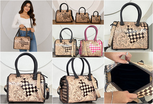 2026 Personalized Tan & Brown Checkered Tooled Cow Leather Speedy Bag Medium 11" Western Cowgirl Handbag Crossbody Duffel Bag - Product Image 3