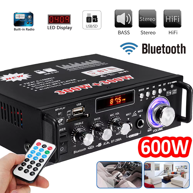 Compact Hi-Fi Stereo Dual-Channel 300W+300W Output Power Amplifier 12V/220V Support for Home Audio Systems Aluminum Alloy