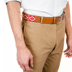 Handcrafted Tan Leather <b>Belt</b> With <b>Red</b> And Cream Aztec Pattern Gaucho Style Equestrian Waist Strap - Product Image 3