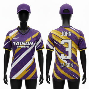 Camiseta de Fútbol Femenina, 150 GSM, Tejido Transpirable de Poliéster de Alto Rendimiento, Panel Diagonal Morado, Amarillo y Blanco, Sublimación, Logotipo Personalizado - Product Image 1