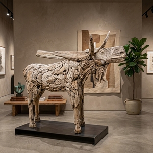 Handcrafted <b>wooden</b> moose bull head up sculpture <b>rustic</b> teak driftwood animal statue antlers floor decoration space unit layout - Product Image 3