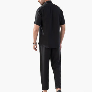 Men's Resort Wear Matching Shirt Trousers Set 100% Cotton Solid <b>Elastic</b> Waist Breathable Lightweight Summer Casual Fashion - Product Image 2