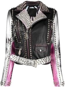 Punk Style Cowhide <b>Leather</b> Motorcycle <b>Jacket</b> Men Plus Size Studded Rivet Zipper Turn-down Collar Short Sleeve Autumn Fashion - Product Image 2