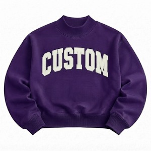 Sudadera Personalizada de Algodón Felpa Lisa Teñida para Niñas, Color Morado, Cuello Alto Simulado, con Estampado de Letras Tejidas, Estilo Otoñal - Product Image 1