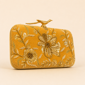 Yellow Velvet Embroidered Beading <b>Clutch</b> <b>Bag</b> Gold Sequin Floral Evening Purse Bird Clasp <b>Wedding</b> Party Handmade Fashion Satin - Product Image 3
