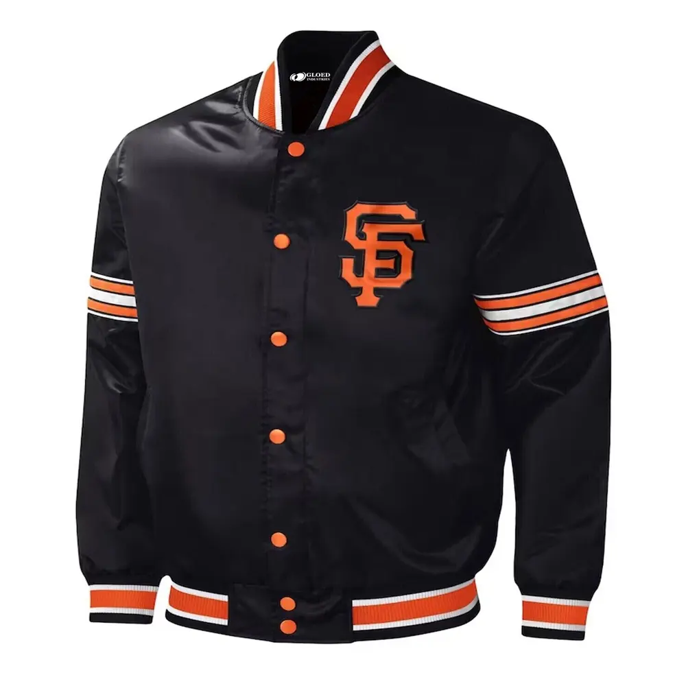 OEM Silk Satin personalizado bordado laranja preto bombardeiro beisebol poliéster fibra acolchoada Letterman Varsity mens jaqueta