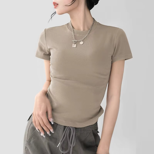 SHJ Trendy Queen T-shirts basiques mignons pour femmes, hauts ajustés d'été, crop tops à manches courtes, coupe régulière, col rond, en coton - Product Image 2