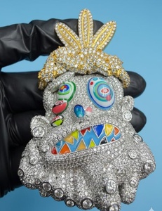 จี้การ์ตูนแบบ Iced Out เงินแท้ 925 สไตล์ฮิปฮอป ประดับด้วยหินหลากสี จี้รูปมงกุฎสีทอง จี้หน้าทรัฟฟิส สก็อตต์ จี้ตลกๆ สำหรับผู้ชาย - Product Image 3