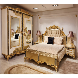 ชุดเฟอร์นิเจอร์ห้องนอนคิงไซส์สไตล์อเมริกันสมัยใหม่ แกะสลักด้วยมืออย่างประณีต 4 ชิ้น ทำจากไม้สัก เคลือบเงาสีทอง ปรับขนาดได้ตามต้องการ สินค้านำเข้าจากสหรัฐอเมริกา - Product Image 1