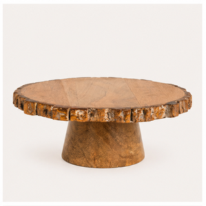 Rustic Handcrafted Mango Wood <b>Cake</b> <b>Stand</b> With Natural Tree Bark Edge 1 Tier Round Pedestal Dessert Display For Weddings Parties - Product Image 1