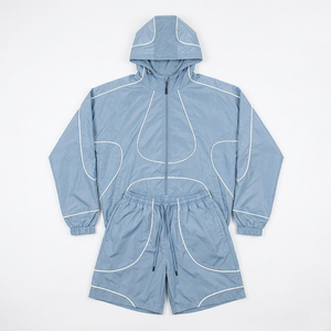 Wholesale Custom Logo Light Blue Men's Polyester <b>Wind</b> <b>Breaker</b> Shorts Sets Summer Breathable Quick Dry Outwear Highstreet Hoodies - Product Image 1
