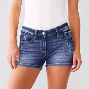 Shorts en jean taille haute déchirés pour femme, fermeture boutonnée, motif uni, tenue décontractée, 100 % coton respirant, coupe classique - Product Image 2