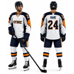 Jersey de Hockey sobre Hielo Personalizado para Hombre, Blanco, Azul Marino y Naranja, Sublimado, con Nombre, Número y Uniforme de Equipo, Venta al Por Mayor, OEM, Ropa de Hockey Profesional, EE. UU. y Canadá - Product Image 1