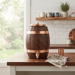 Distributeur d'eau en cuivre finition bois, style baril avec couvercle, serveur de boissons, distributeur métallique fait main pour la maison, la cuisine et l'exportation - Product Image 3