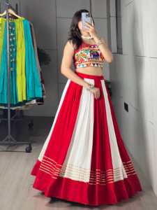 Designer Gamthi Work And Bandhani Print With Gota Patti Rayon Cotton Navratri <b>Lehenga</b> Choli Fully Stitched Ready To Wear Set - Product Image 2