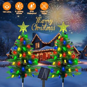 2-Pack 37.4in Height Solar Christmas <b>Tree</b> 100 Colorful LED Beads 8 <b>Lighting</b> Modes IP44 Waterproof Outdoor Xmas Decoration - Product Image 2