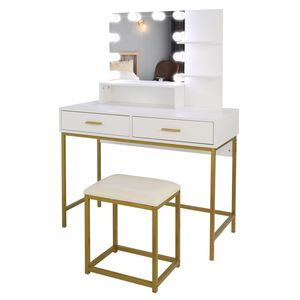 FCH Large <b>Makeup</b> <b>Vanity</b> Set with 10 LED Bulbs Cushioned Stool 3 Storage Shelves 2 Drawers Dressing Table and Dresser - Product Image 6