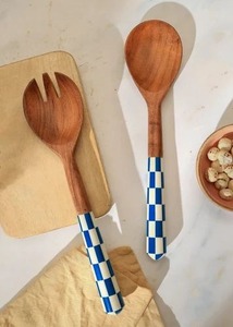 Ensemble de Cuillères et Fourchettes à Salade en Bois avec Poignées à Carreaux Bleus, Écologiques, Marque FAIZA CRAFT, Adaptées au Micro-ondes - Product Image 5