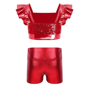 Uniformes de porristas al por mayor para mujer: Top de cuello redondo con espalda cruzada y falda acampanada de cintura elástica - Product Image 6