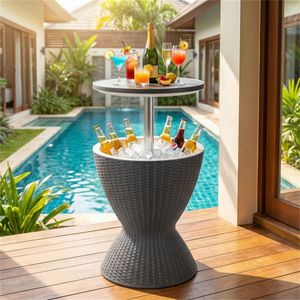 Tavolino da esterno grigio con contenitore per ghiaccio da 8 galloni, effetto rattan, 2 altezze regolabili, con tappo di scarico - Product Image 2
