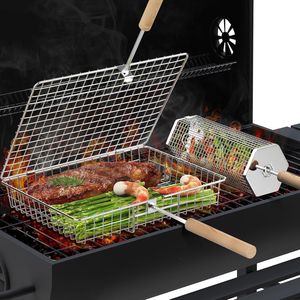 Set di Utensili per Barbecue in Acciaio Inox 304 con Manico in Legno Rimovibile, Cestello per Griglia e Affumicatore, Accessori per Grigliare Verdure - Product Image 1