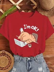 Camiseta Gráfica con Diseño de Gato 'I'm OK' para Mujer, Cuello Redondo, Manga Corta, Color Beige, con un Elegante Diseño de Gato Durmiendo - Product Image 3