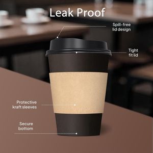 Confezione da 50 Bicchieri da Caffè Neri Monouso da 350 ml con Coperchi Antigoccia e Manicotti, Bicchieri di Carta Resistenti per Asporto 1 H - Product Image 5