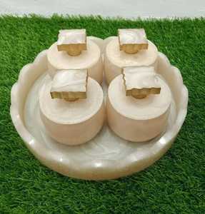 4 Piece Pink <b>Epoxy</b> <b>Resin</b> Storage Jar Set Geometric Metal Knob Lids With Round Tray Skies Trader - Product Image 1