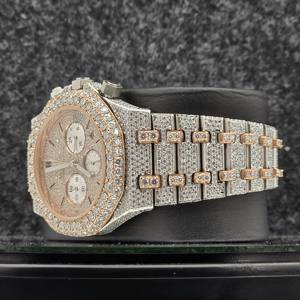 Montre homme classique mécanique personnalisée bicolore rose et blanc entièrement sertie de diamants Moissanite avec cadran chronographe et date - Product Image 3