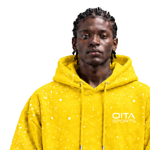 Bright Yellow <b>White</b> Speckled Print <b>Men</b> Pullover Hoodie Oversized Fleece <b>Sweatshirt</b> Long Sleeve Kangaroo Pocket Casual Streetwear - Product Image 3
