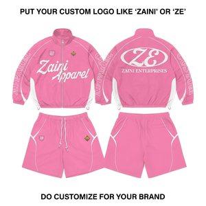 ชุดเซ็ตเสื้อแจ็คเก็ตกันลมพรีเมียม 120 GSM ผ้าโพลีเอสเตอร์ทาสลอน สีชมพูขาว พร้อมปักลายสกรีนตามสั่ง รับผลิตแบบ OEM ODM - Product Image 1